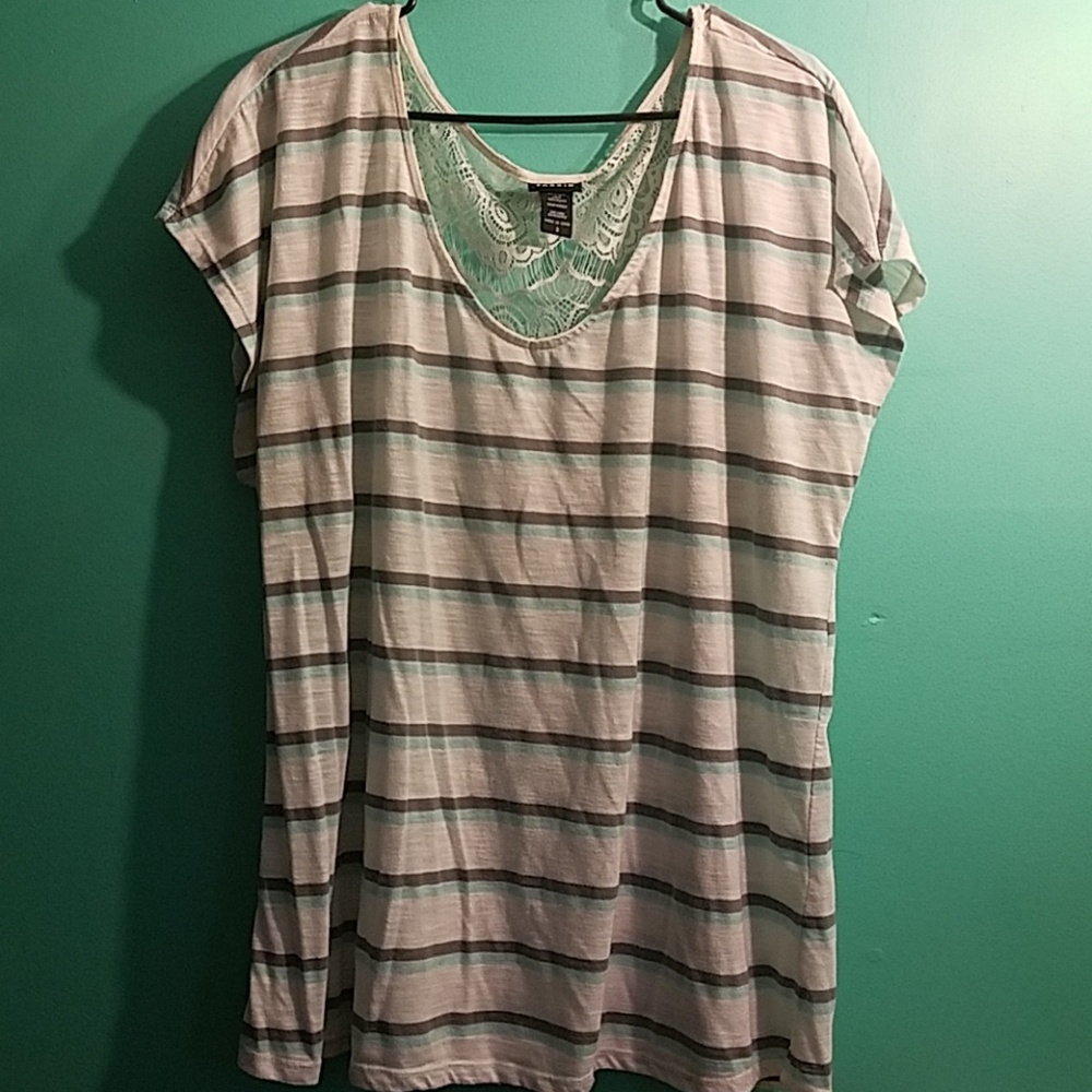 White shirt with grey and blue stripes